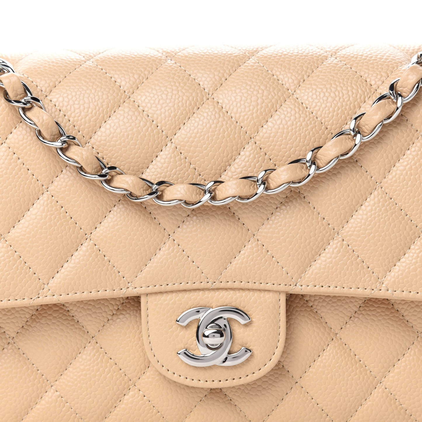 Caviar Quilted Medium Double Flap Beige