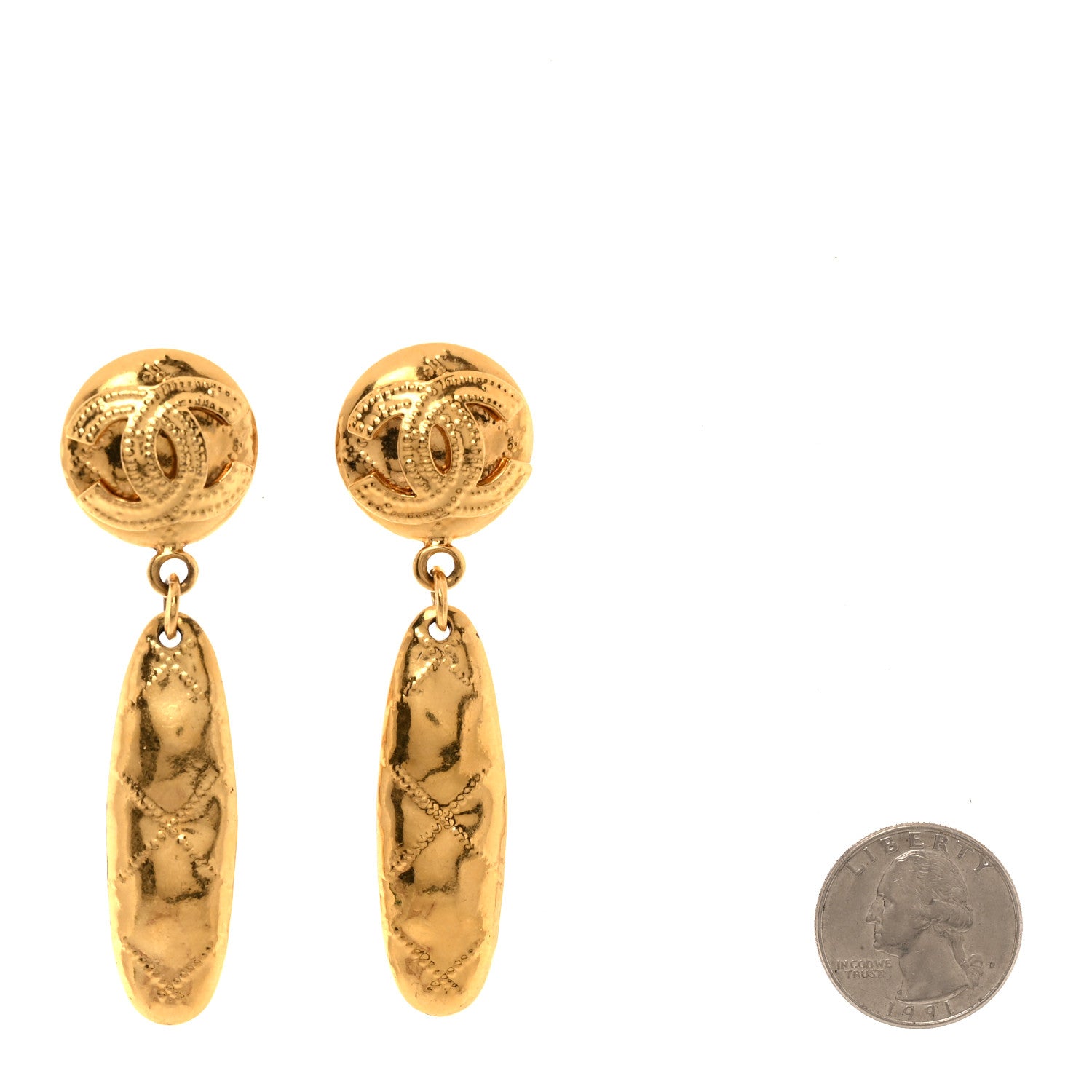 Chanel Metal CC Quilted Drop Clip On Earrings Gold 2 of 4