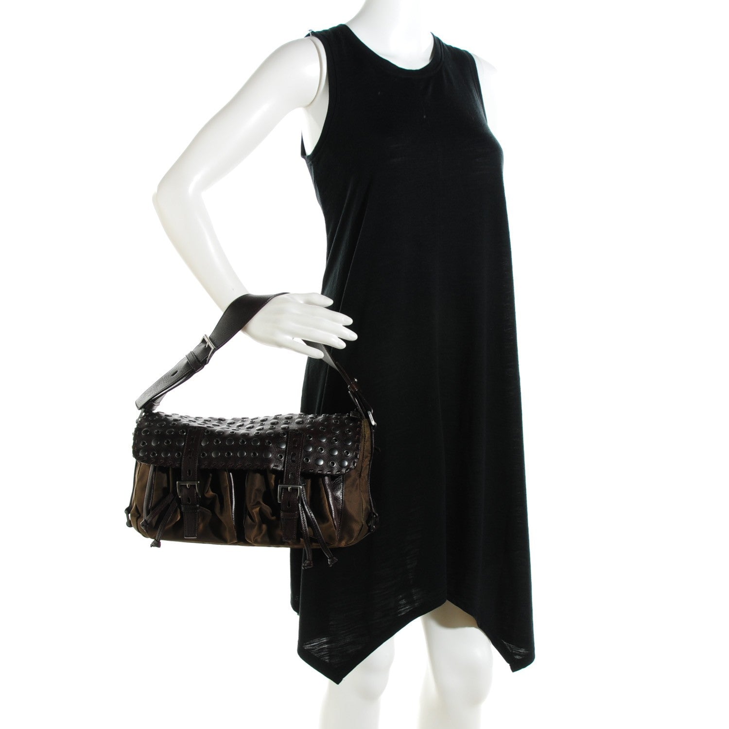 Prada Tessuto Nylon Calfskin Studded Shoulder Bag Bruciato 2 of 7
