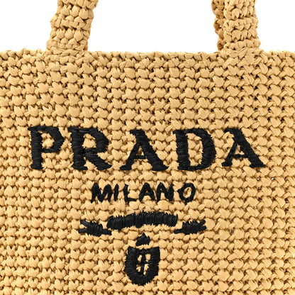 Prada Yarn Raffia Effect Crochet Embroidered Small Logo Tote Naturale 7 of 9