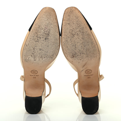 Chanel Goatskin Grosgrain Cap Toe CC Slingback Pumps 39 Beige Black 5 of 16