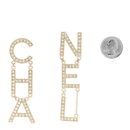 Chanel Crystal Cha-Nel Logo Drop Earrings Gold 2 of 4