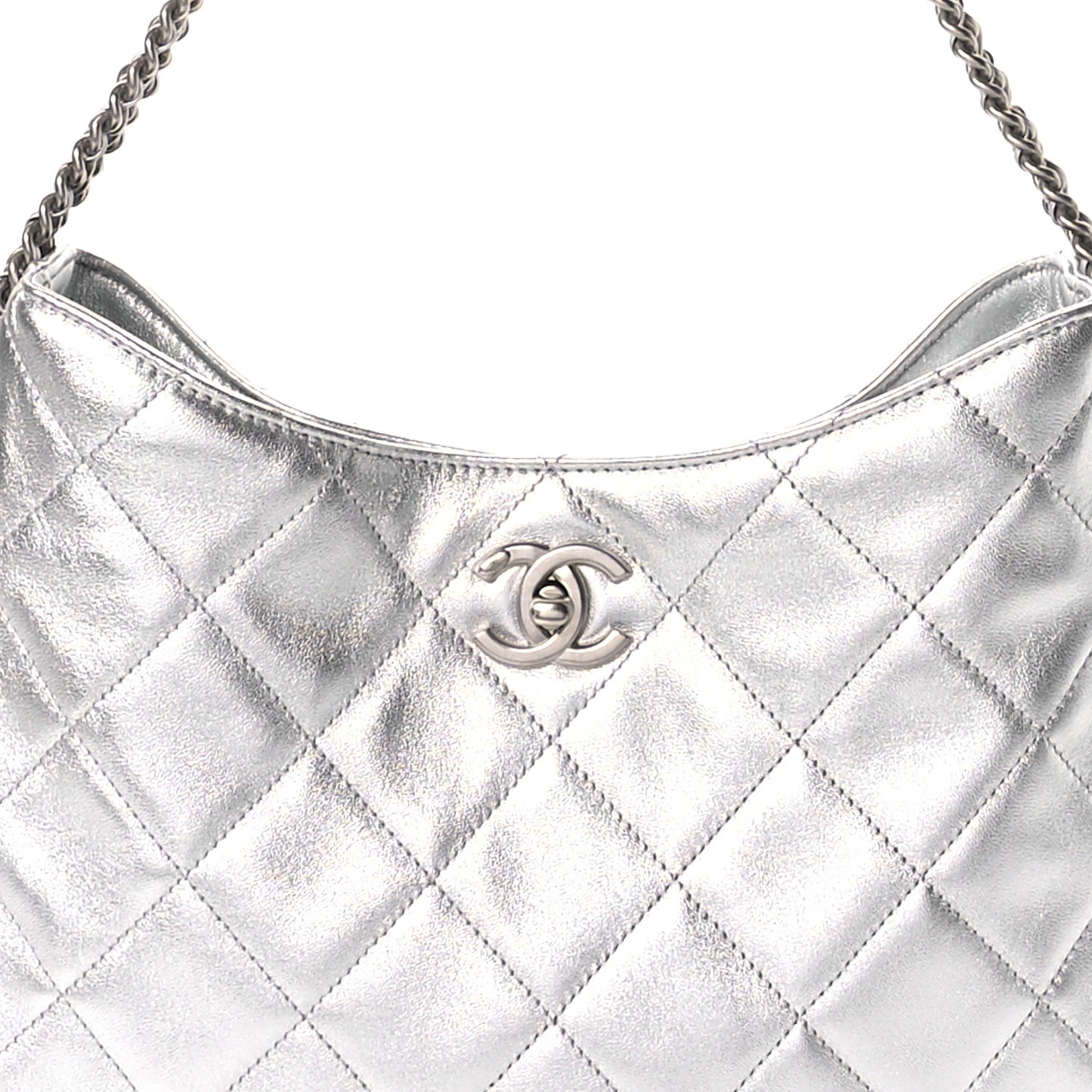 Metallic Lambskin Chain Rows Quilted Chain Hobo Silver