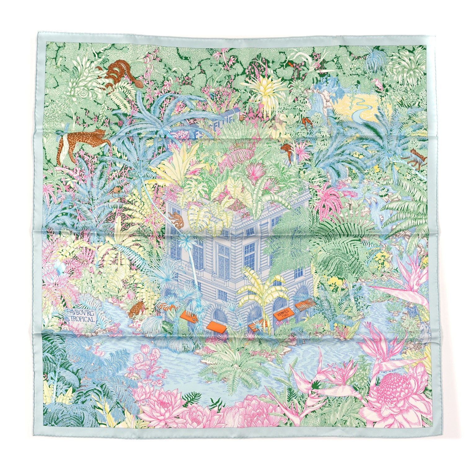 Hermes Silk Twill Faubourg Tropical Scarf 90 Bleu Vert Jaune 1 of 3