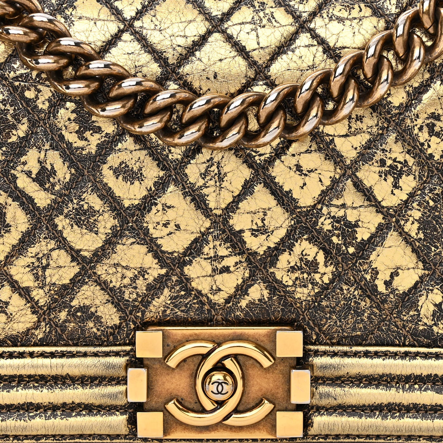 Cracked Metallic Calfskin Quilted Medium Boy Flap Gold