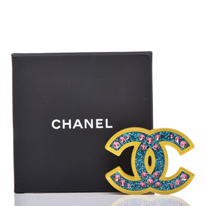 Chanel Resin Glitter Crystal CC Brooch Yellow Blue 5 of 5