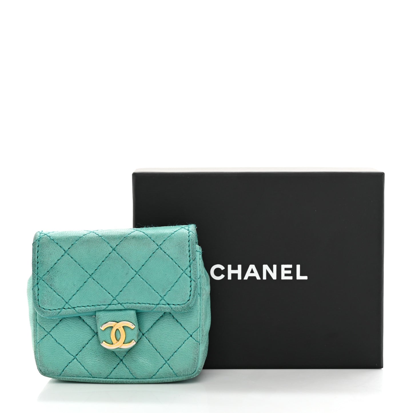 Lambskin Quilted Mini Pouch Bag Charm Keychain Turquoise