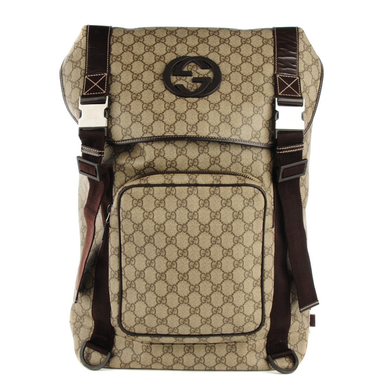Gucci Monogram GG Supreme Large Interlocking G Double Buckle Backpack Brown 1 of 7