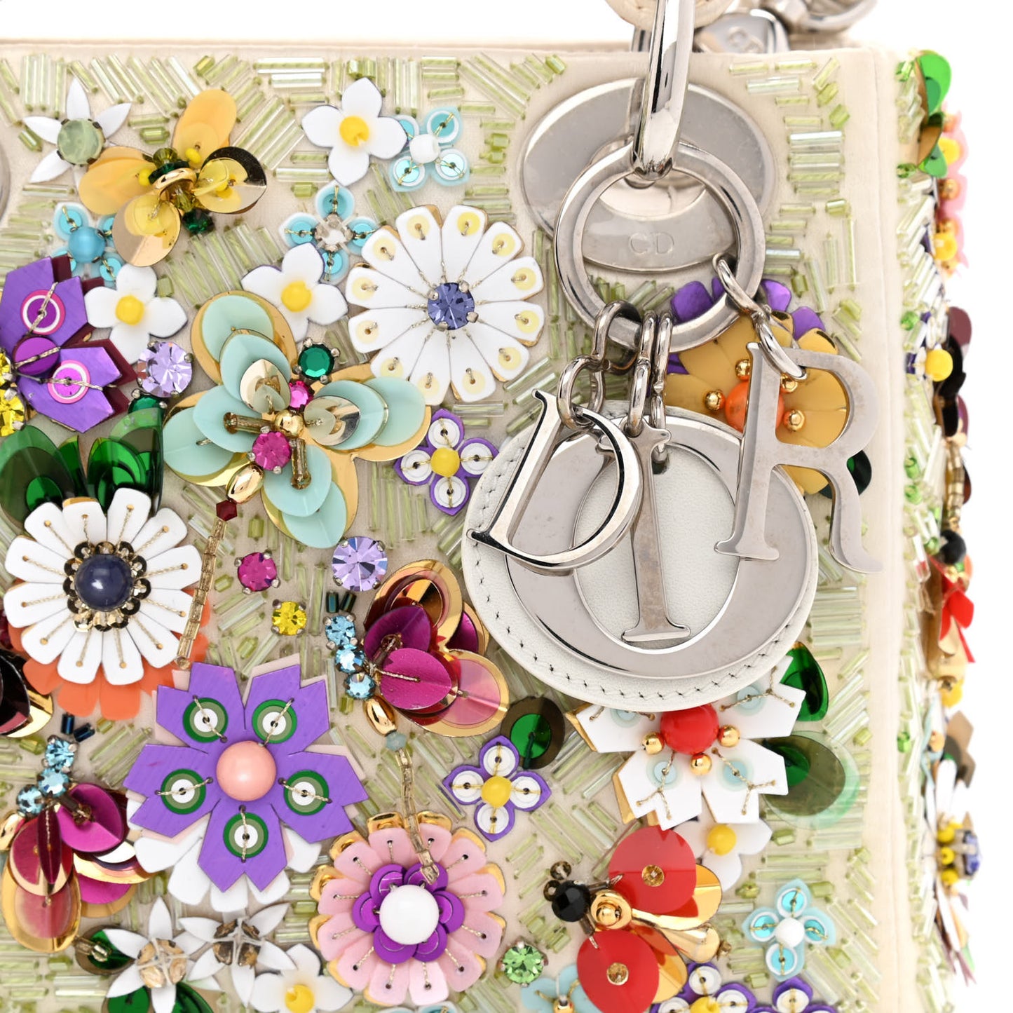 Satin Beaded Floral Embroidered Mini Lady Dior White Multicolor