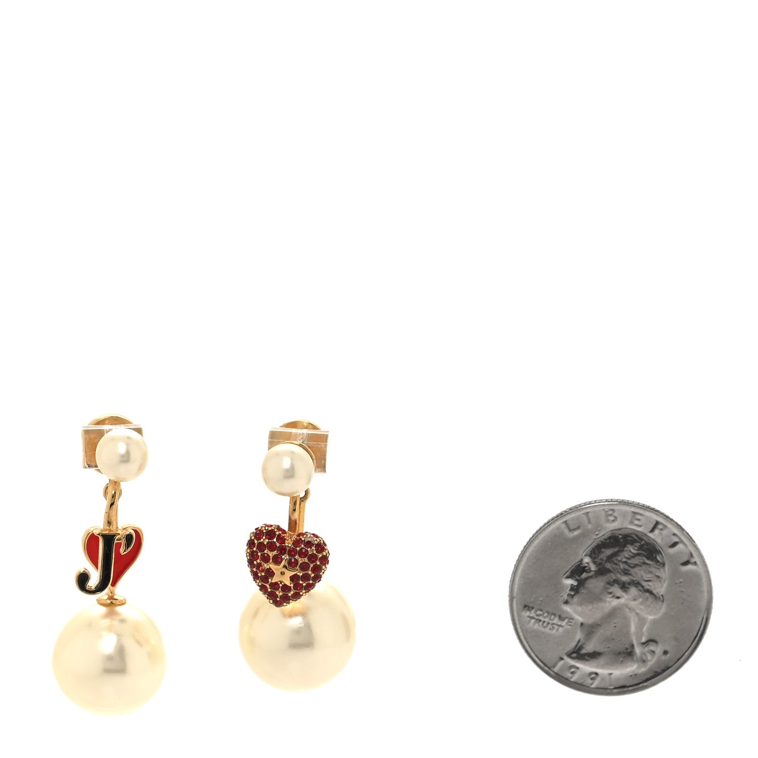 Christian Dior Pearl Crystal Enamel Heart Tribal Earring Gold Red 2 of 5
