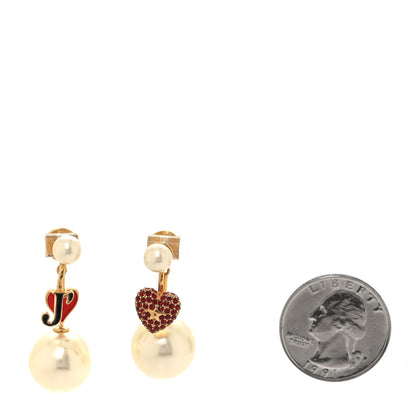 Christian Dior Pearl Crystal Enamel Heart Tribal Earring Gold Red 2 of 5