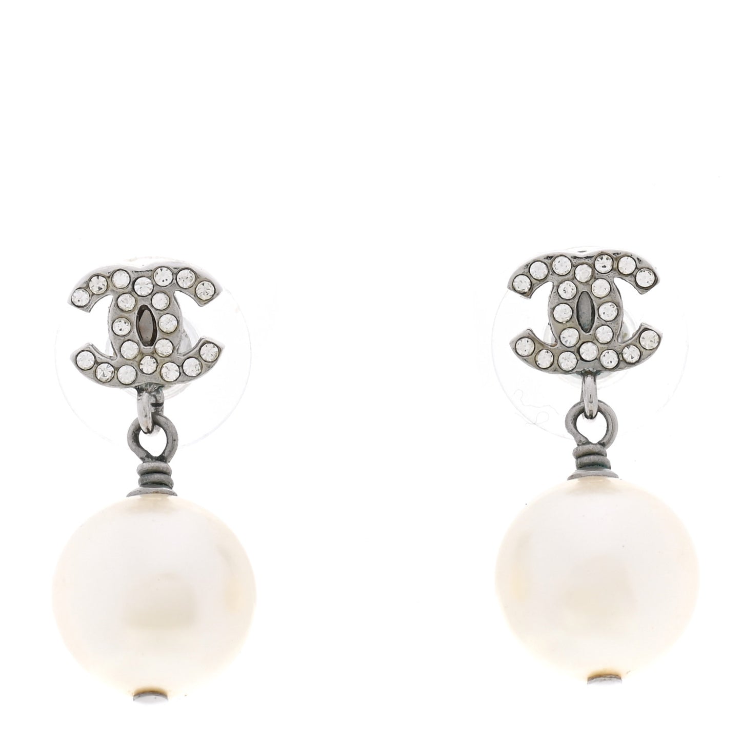 Crystal Pearl CC Drop Earrings Silver
