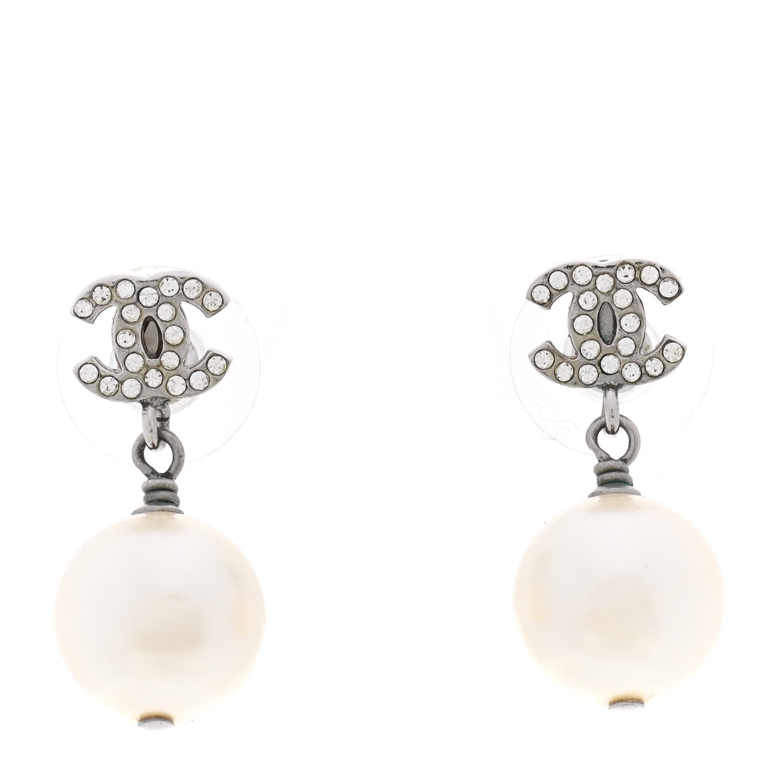 Chanel Crystal Pearl CC Drop Earrings Silver 1 of 4