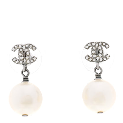 Chanel Crystal Pearl CC Drop Earrings Silver 1 of 4