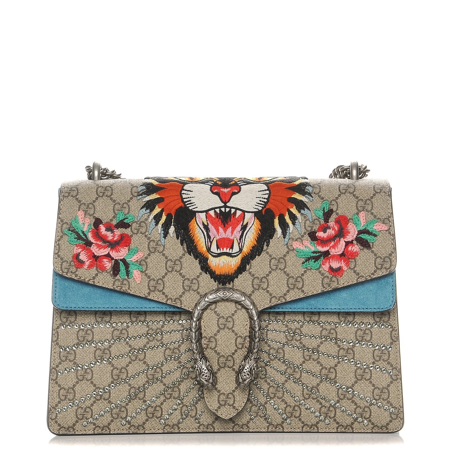GG Supreme Monogram Angry Cat Embroidered Medium Dionysus Shoulder Bag Beige Ultramarine