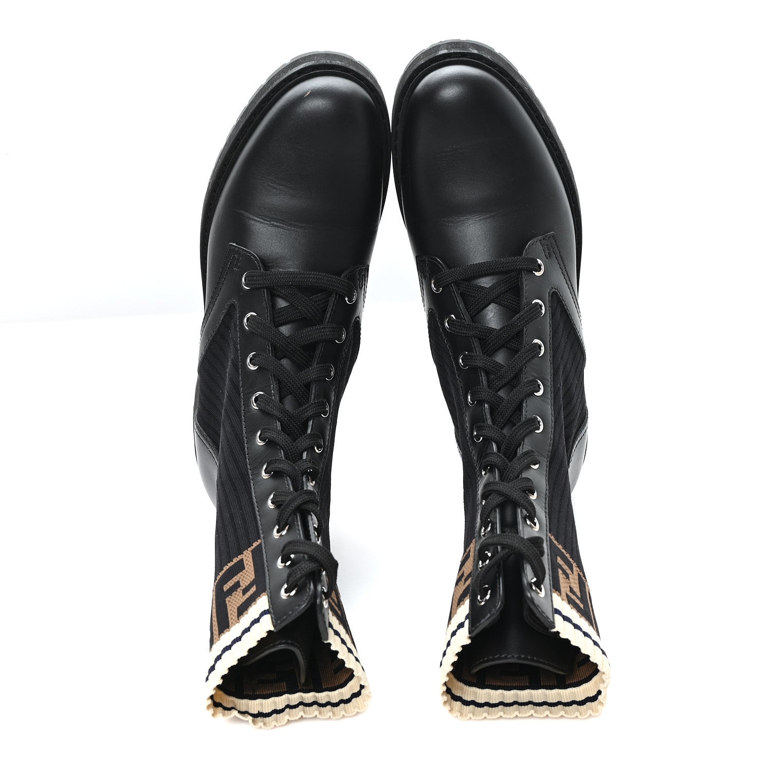 Fendi Calfskin Stretch Fabric Rockoko Biker Boots 39.5 Tobacco Black Marino 2 of 10