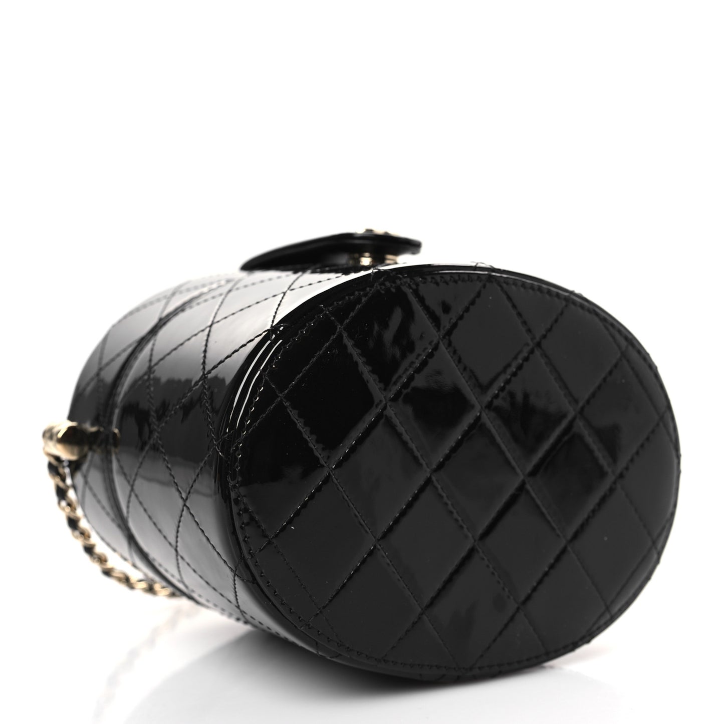 Patent Quilted Round Clutch With Chain Black