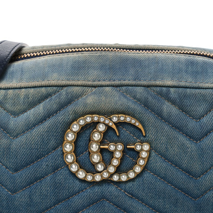 Gucci Denim Matelasse Small Pearly GG Marmont Chain Shoulder Bag Blue 8 of 12