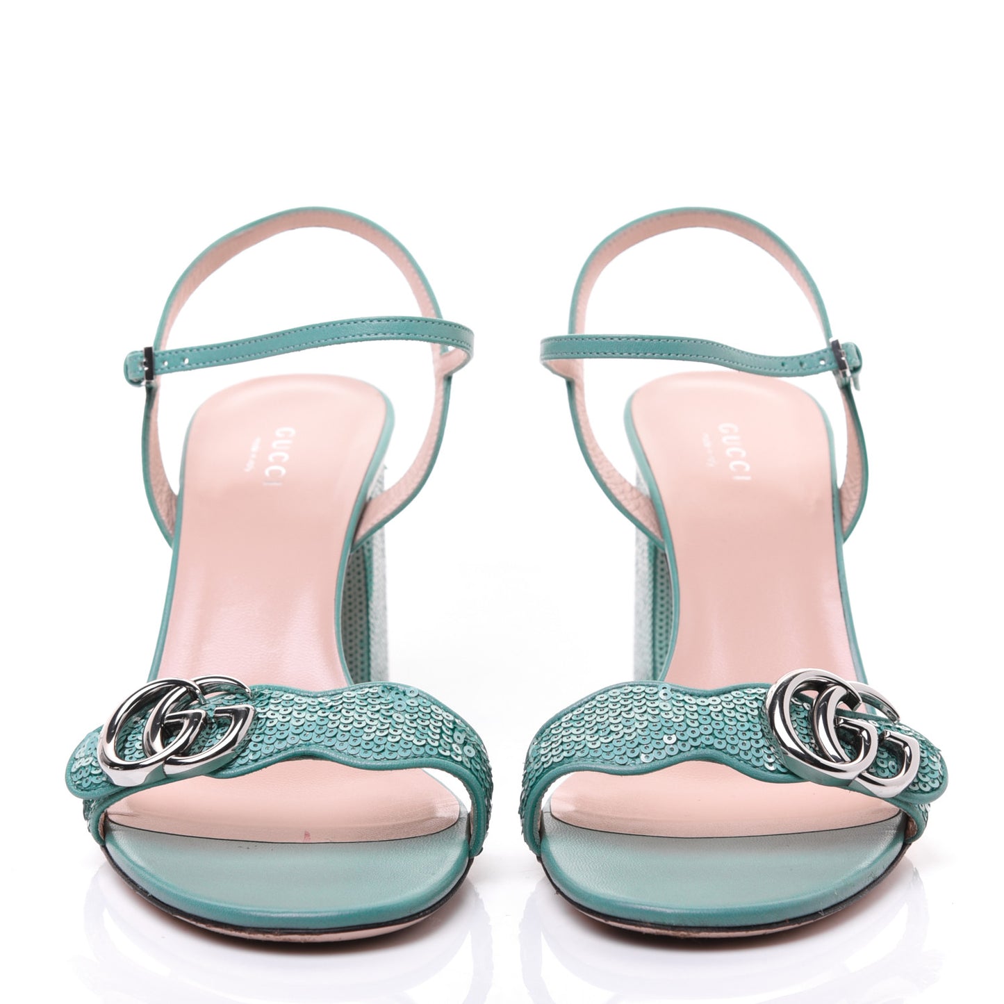 Sequin Satin Malaga Kid GG Marmont Ankle Wrap 75mm Sandals 40.5 Water Green Verde Chiaro Light Water Green