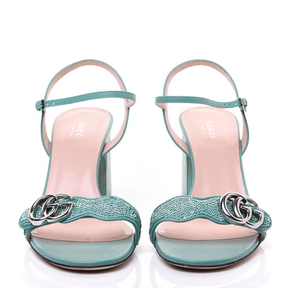 Gucci Sequin Satin Malaga Kid GG Marmont Ankle Wrap 75mm Sandals 40.5 Water Green Verde Chiaro Light Water Green 2 of 15
