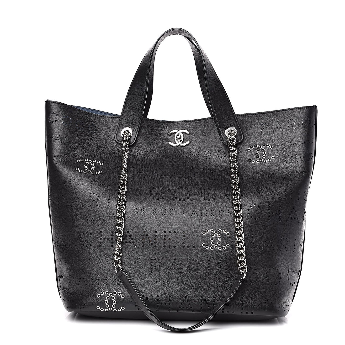 Calfskin Tweed Small Logo Eyelets Shopping Tote Black