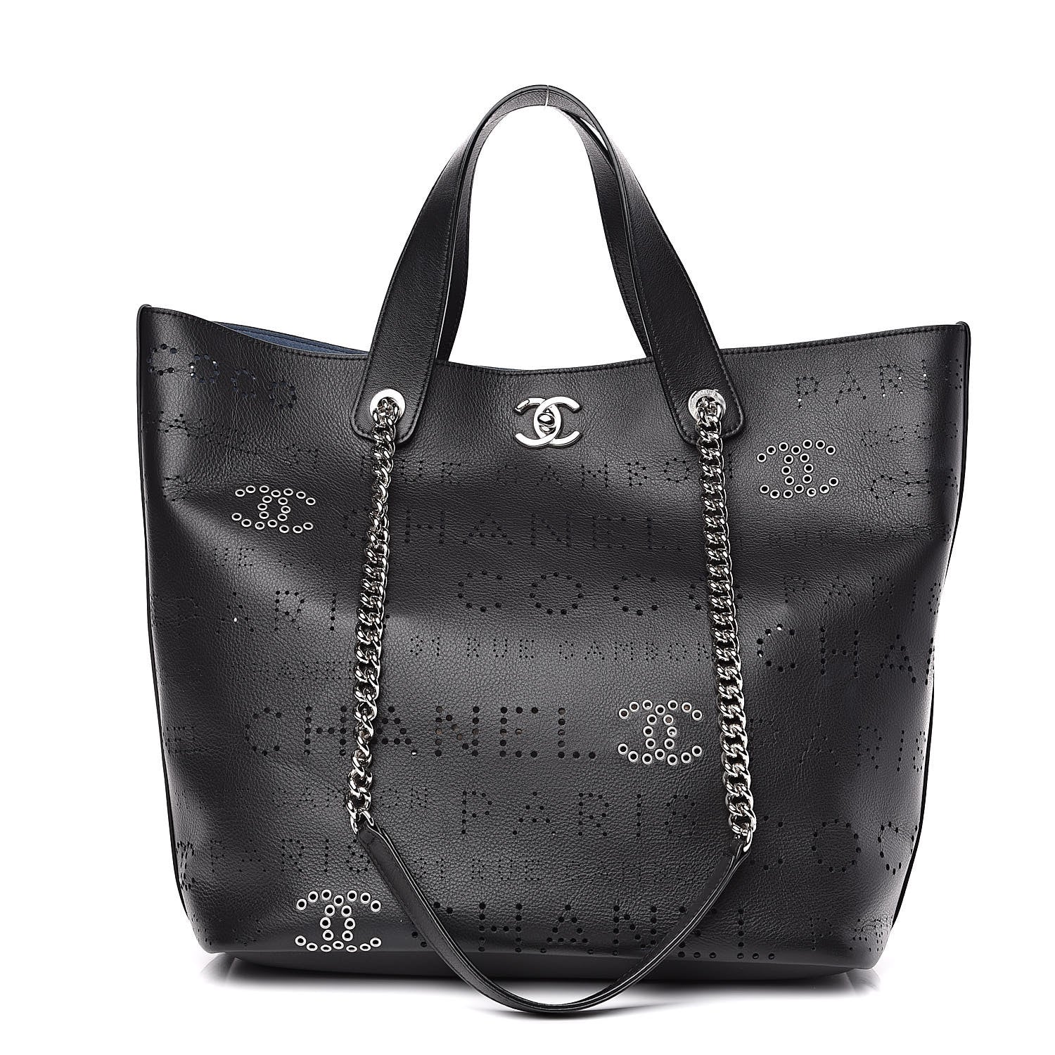 Chanel Calfskin Tweed Small Logo Eyelets Shopping Tote Black 3 of 11