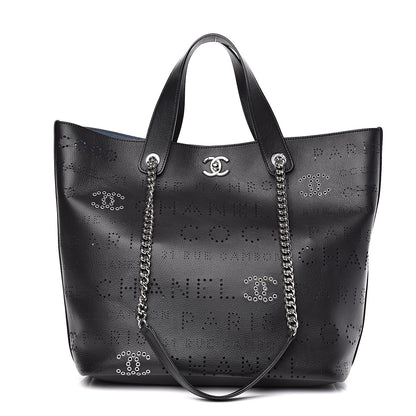 Chanel Calfskin Tweed Small Logo Eyelets Shopping Tote Black 3 of 11