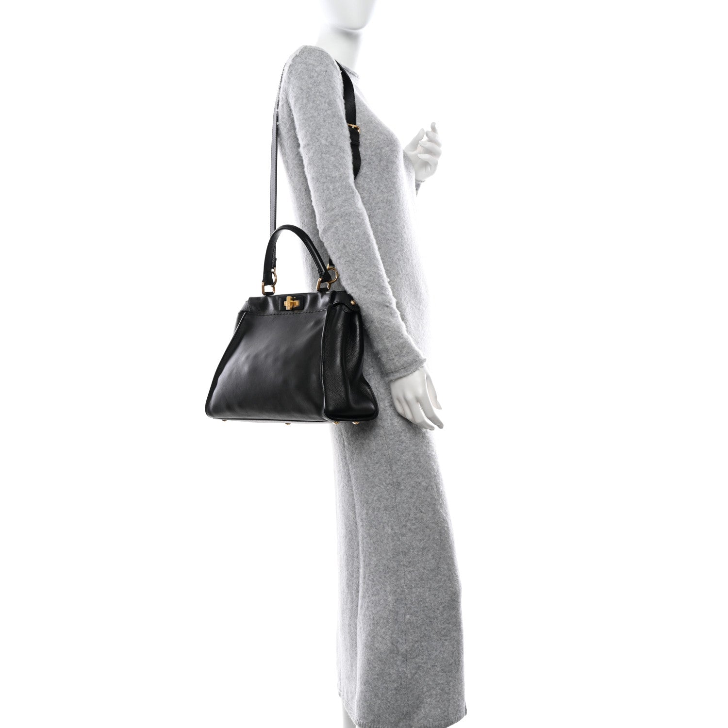 Fendi Vitello Seta Shiny Nappa Medium Peekaboo Iconic Satchel Black 2 of 11