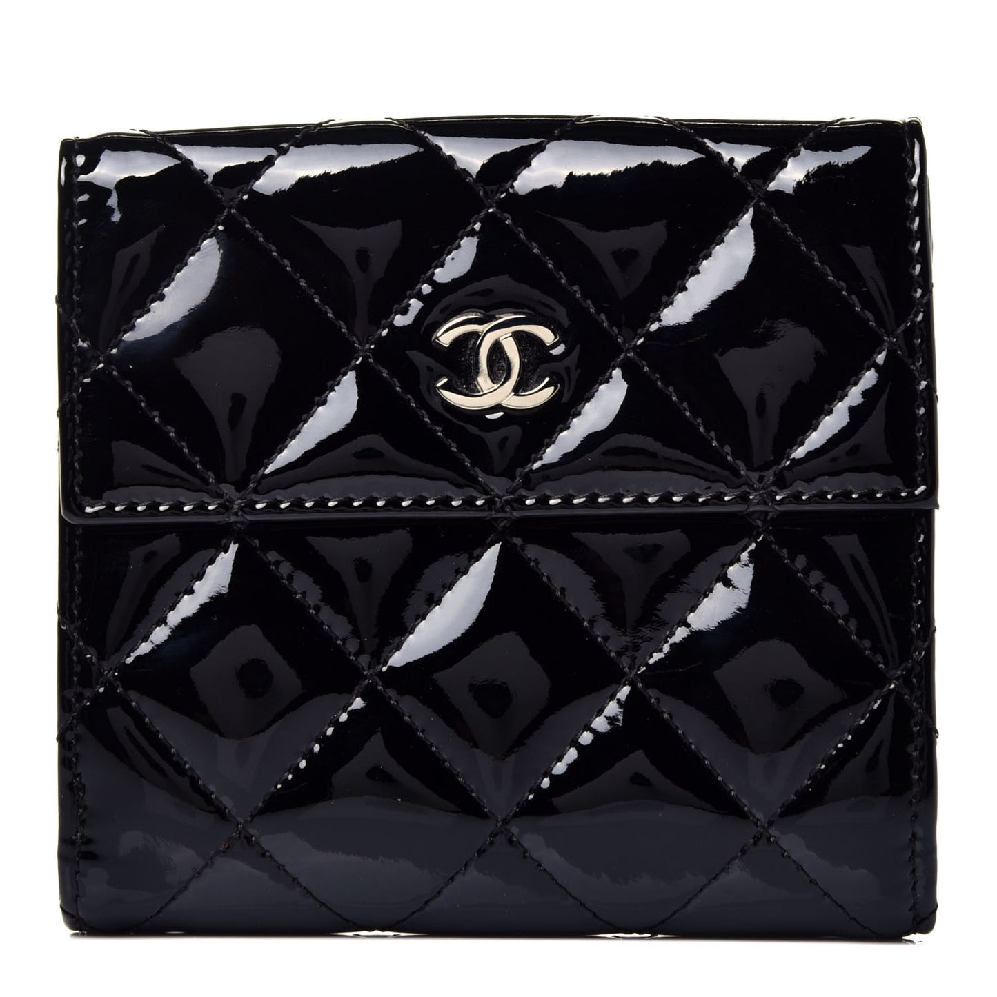 Patent Quilted Compact French Flap Wallet Black