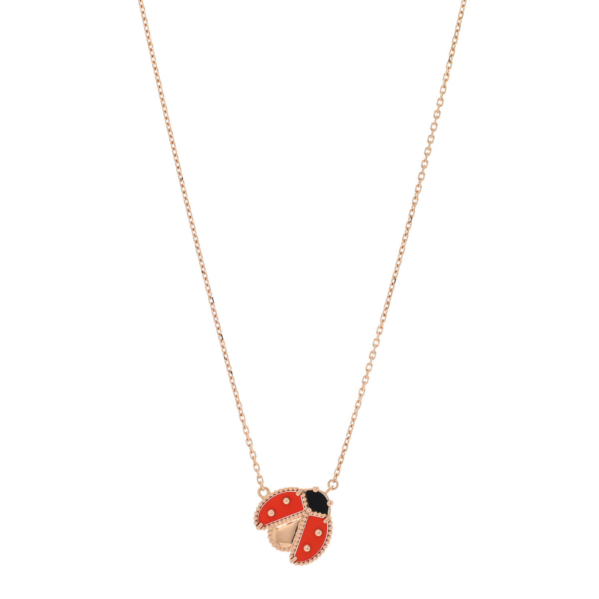 Van Cleef & Arpels 18K Rose Gold Carnelian Black Onyx Lucky Spring Open Wings Lady Bug Pendant Necklace 1 of 4