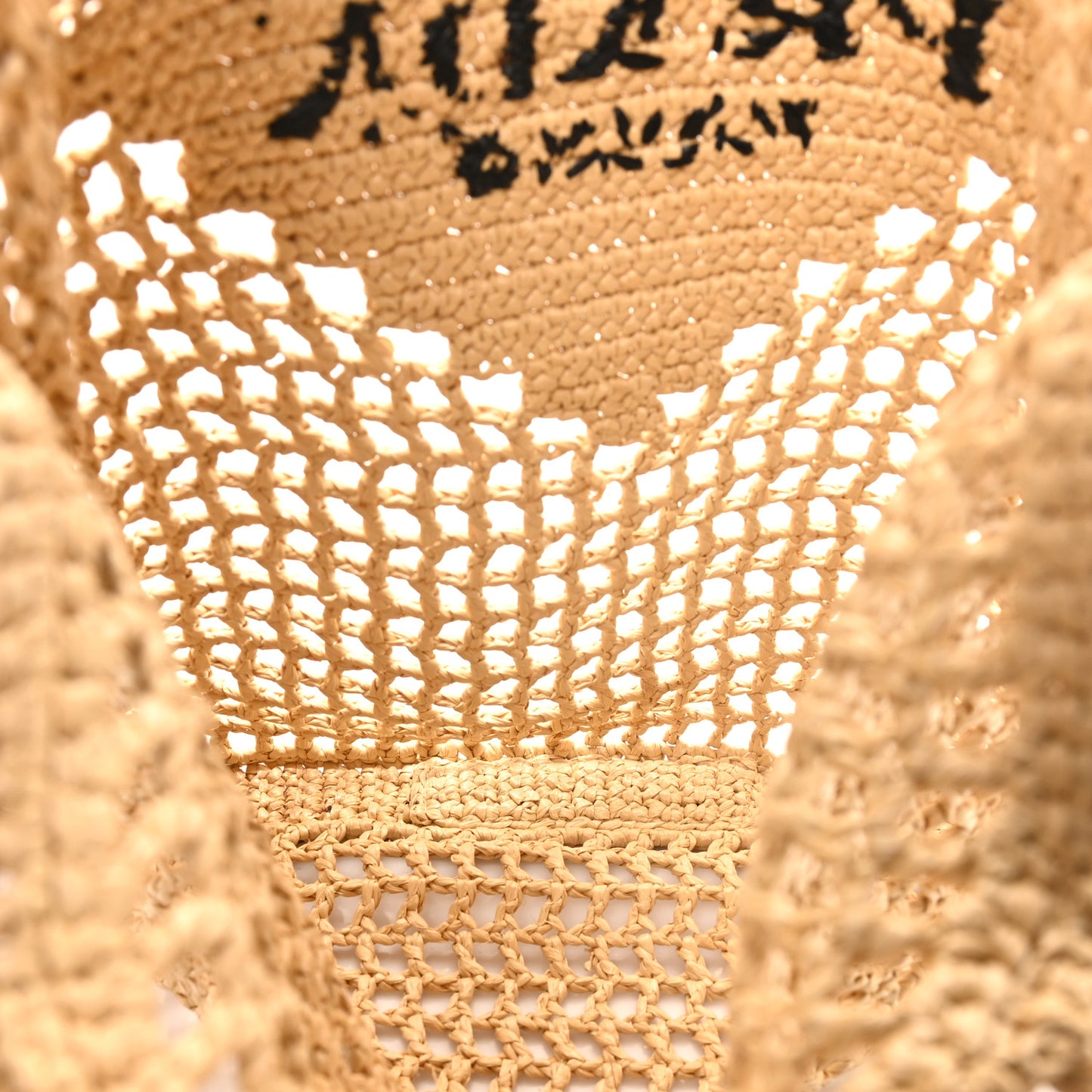 Yarn Raffia Effect Crochet Logo Embroidered Tote Bag Naturale