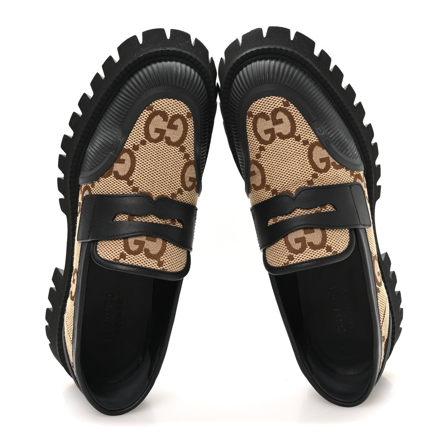 Gucci Monogram Jumbo GG Miro Soft Calfskin Mens Lug Sole Loafers 9 Camel Ebony Black 2 of 9
