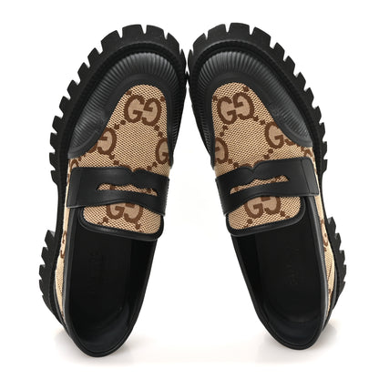Gucci Monogram Jumbo GG Miro Soft Calfskin Mens Lug Sole Loafers 9 Camel Ebony Black 2 of 9