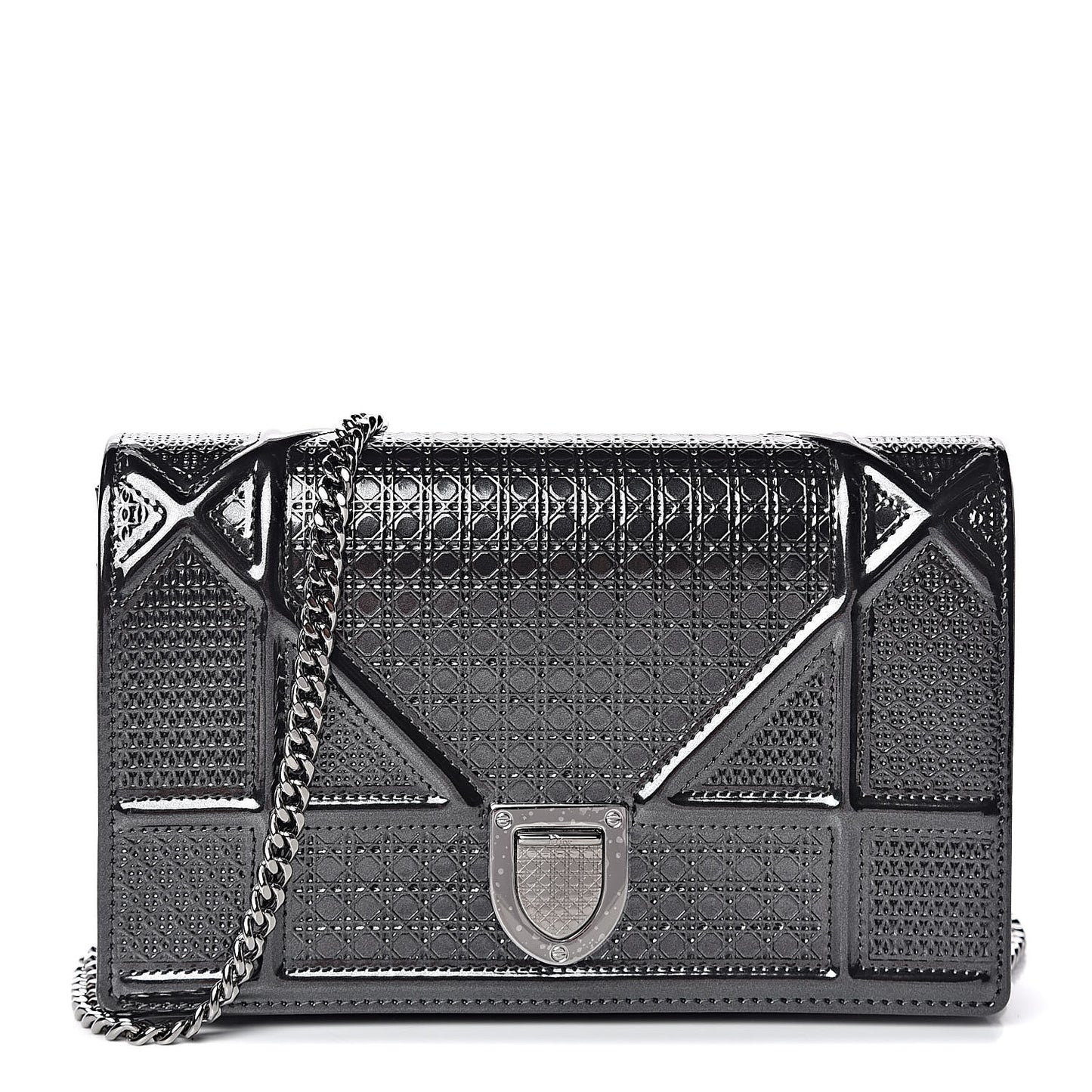 Metallic Patent Micro-Cannage Diorama Wallet on Chain Pouch Black