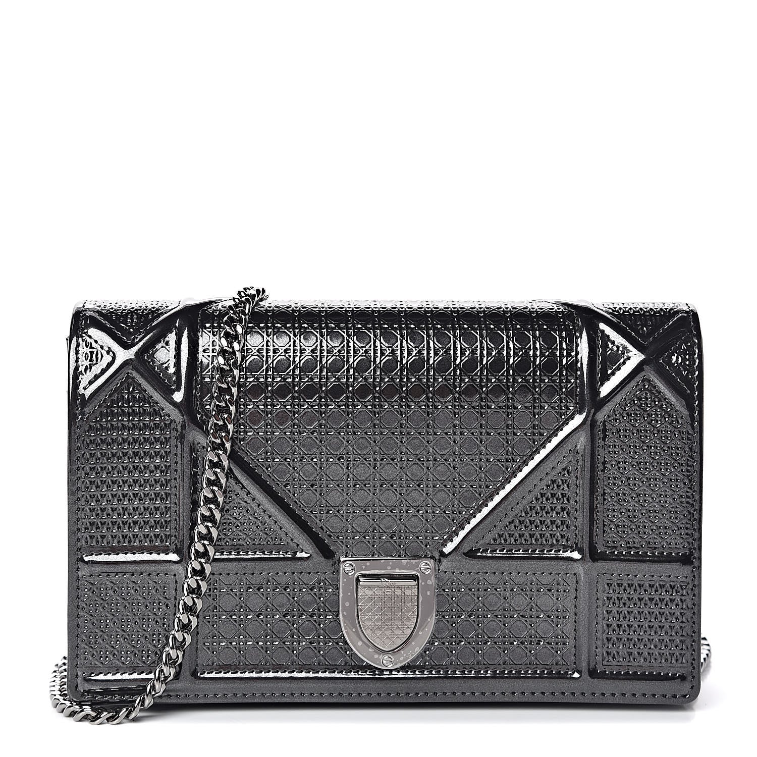 Christian Dior Metallic Patent Micro-Cannage Diorama Wallet on Chain Pouch Black 1 of 10