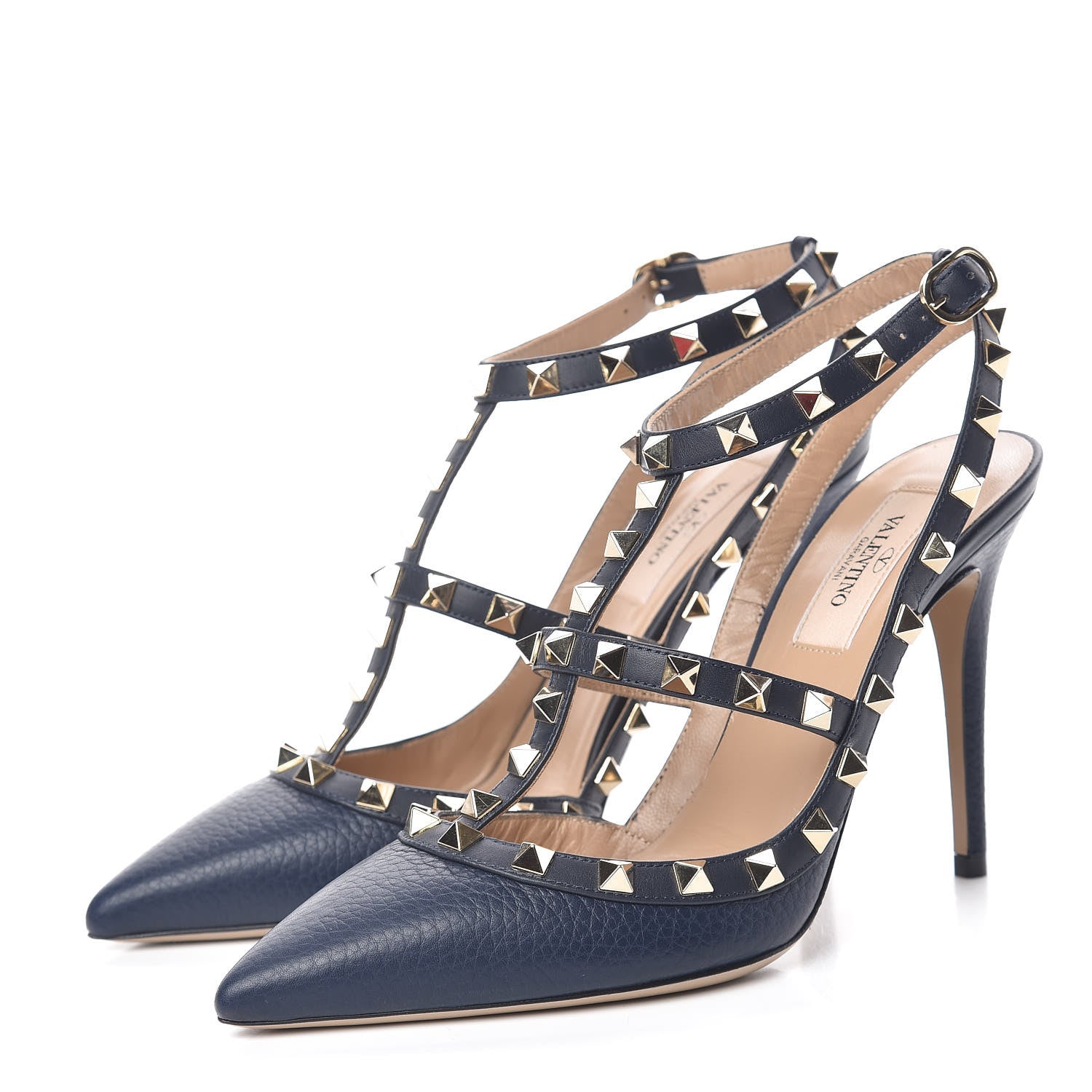 Valentino Garavani Pebbled Calfskin Rockstud Ankle Strap Pumps 37.5 Marine 3 of 8