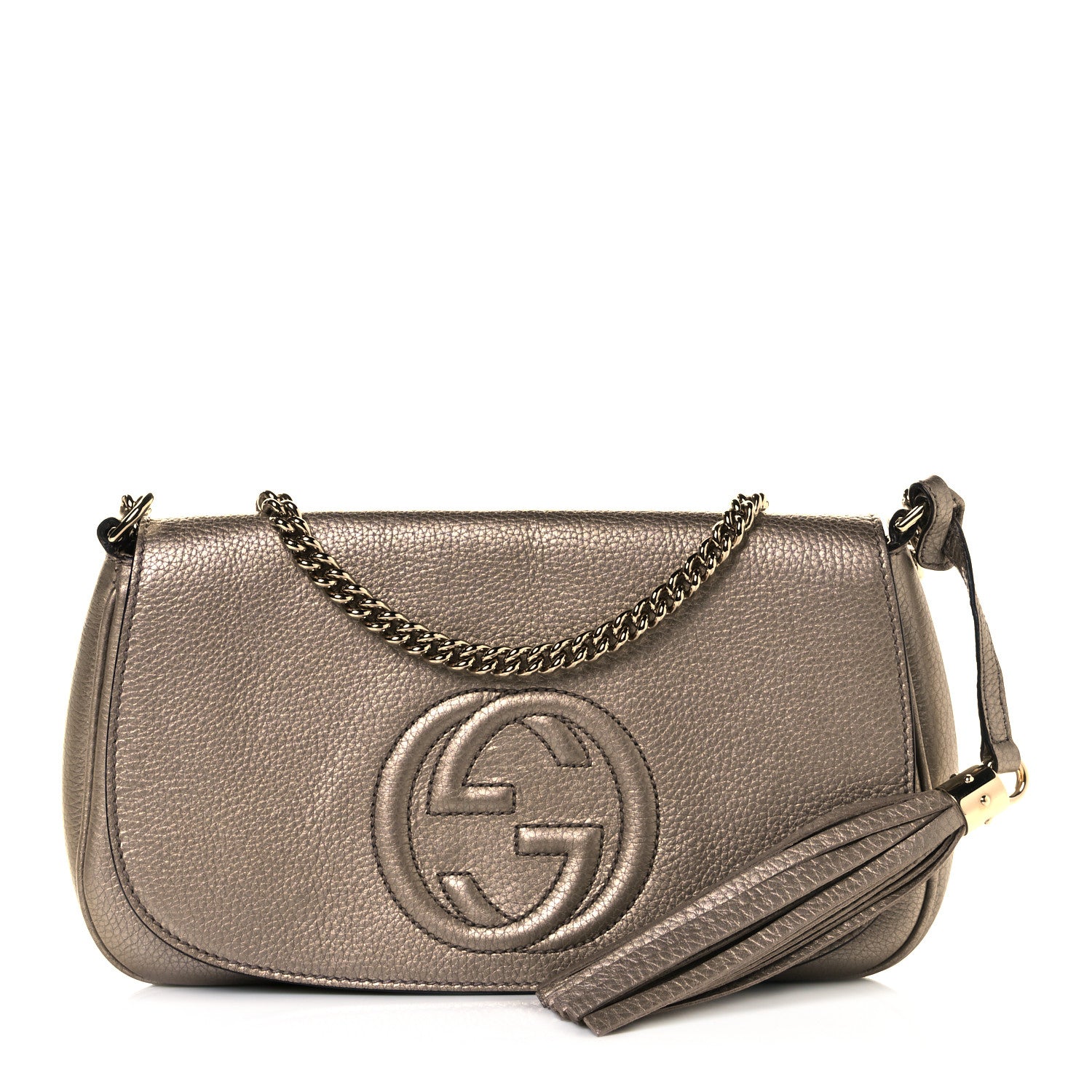 Gucci Metallic Pebbled Calfskin Medium Soho Flap Crossbody Golden Beige 1 of 9