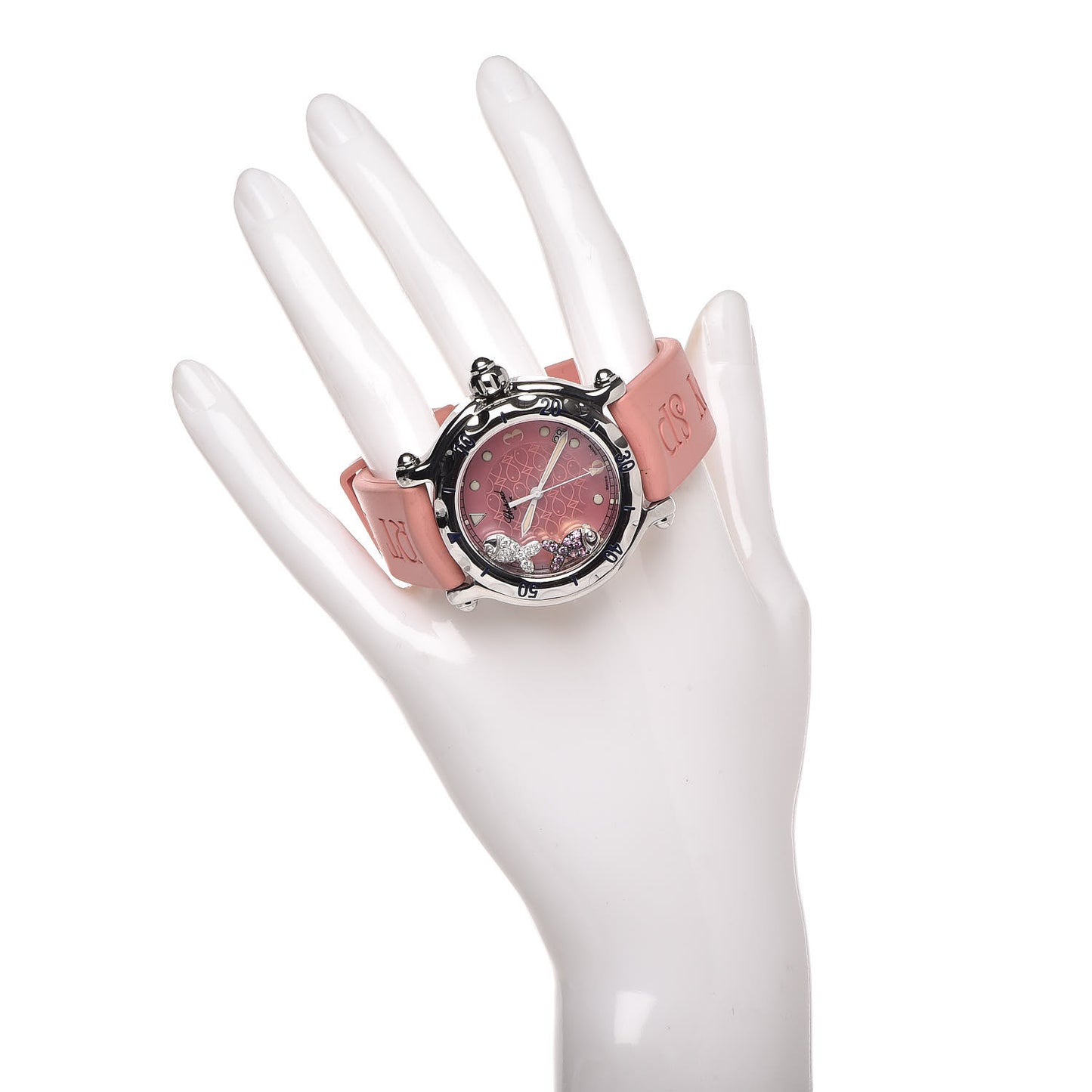 Stainless Steel Rubber Diamond Pink Sapphire Pink Mother of Pearl 38mm Happy Sport Fish Quartz Watch