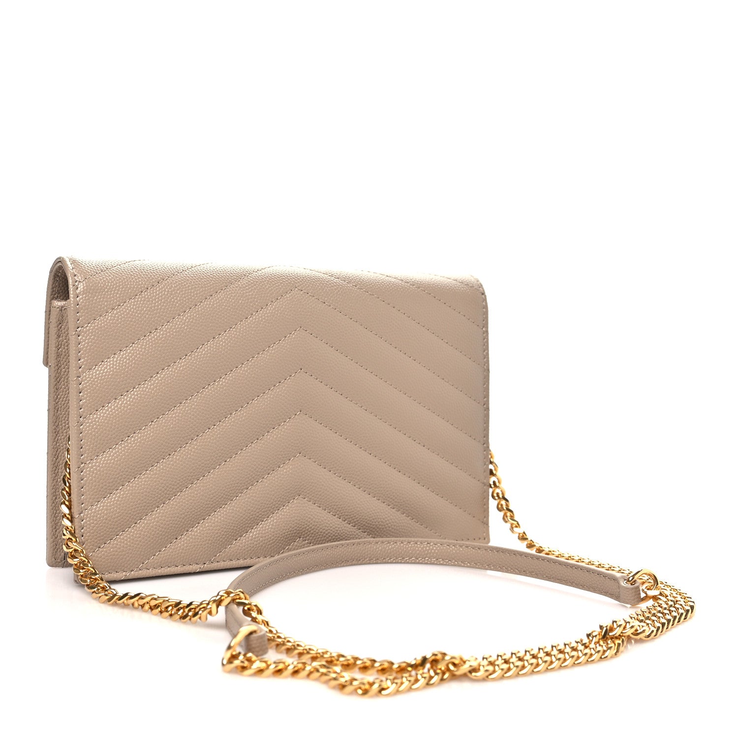 Saint Laurent Grain De Poudre Matelasse Chevron Monogram Envelope Chain Wallet Dark Beige 3 of 10