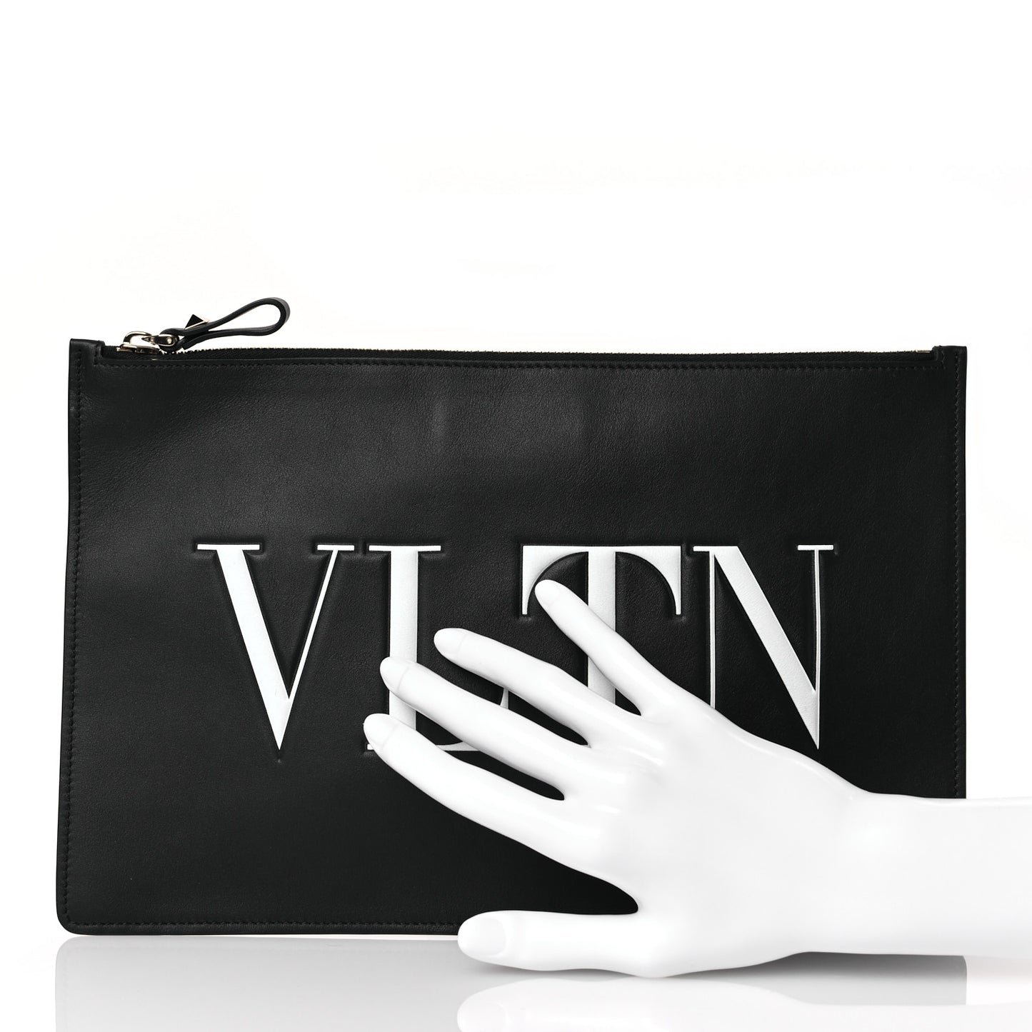 Calfskin VLTN Large Flat Zip Pouch Black