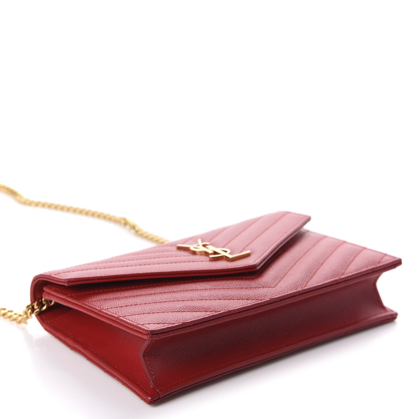 Grain De Poudre Matelasse Chevron Monogram Envelope Chain Wallet New Red