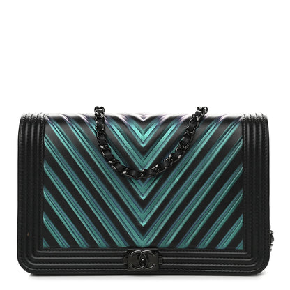 Chanel Calfskin Painted Chevron Embossed Boy Wallet On Chain WOC Black 1 of 11