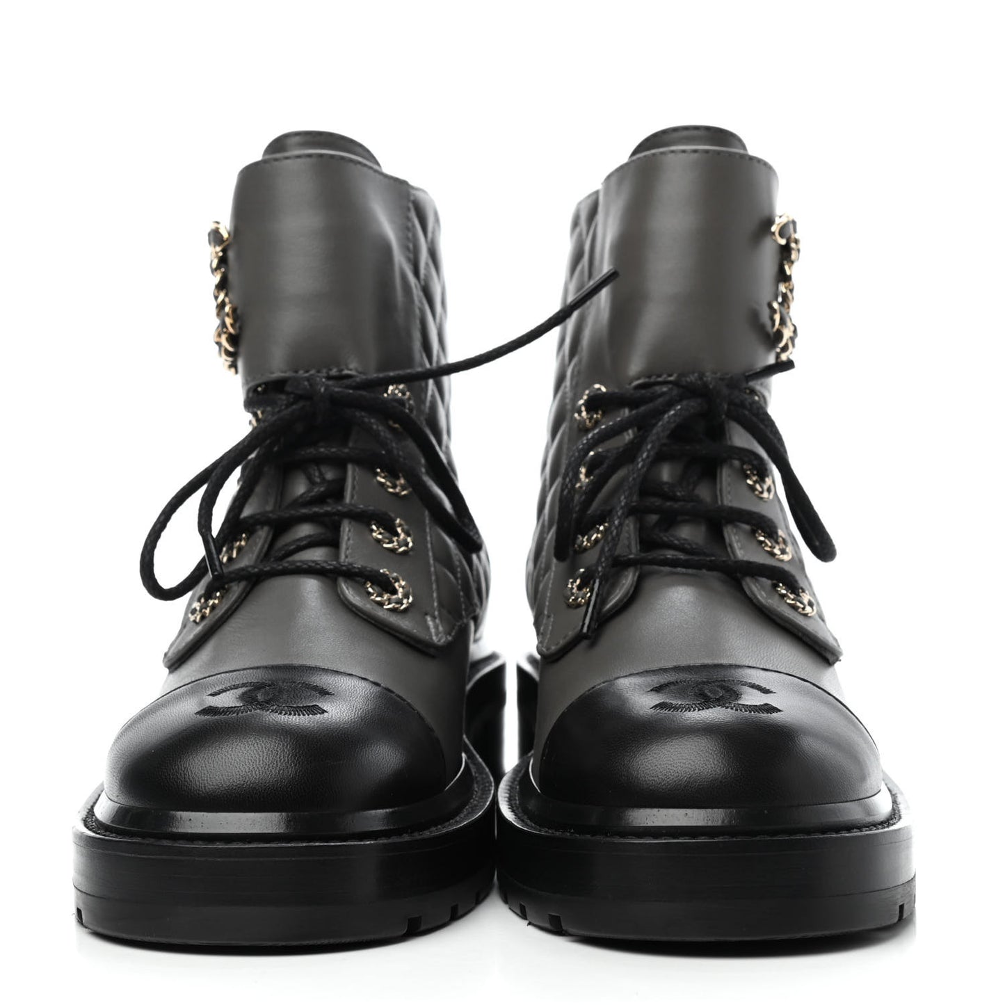 Shiny Lambskin Quilted Lace Up Combat Boots 37.5 Grey Black