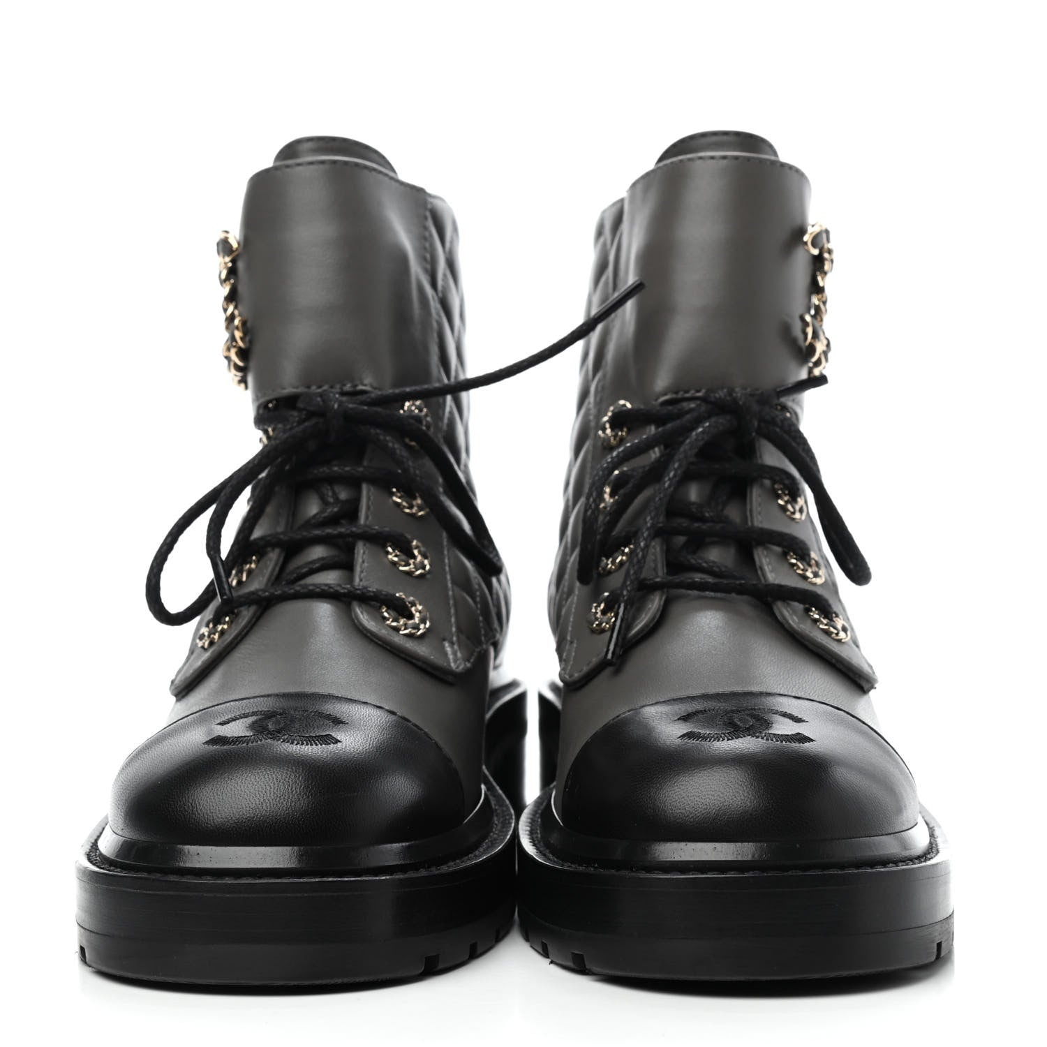 Chanel Shiny Lambskin Quilted Lace Up Combat Boots 37.5 Grey Black 2 of 4