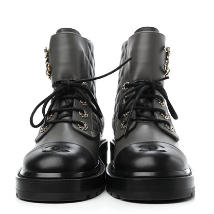 Chanel Shiny Lambskin Quilted Lace Up Combat Boots 37.5 Grey Black 2 of 4