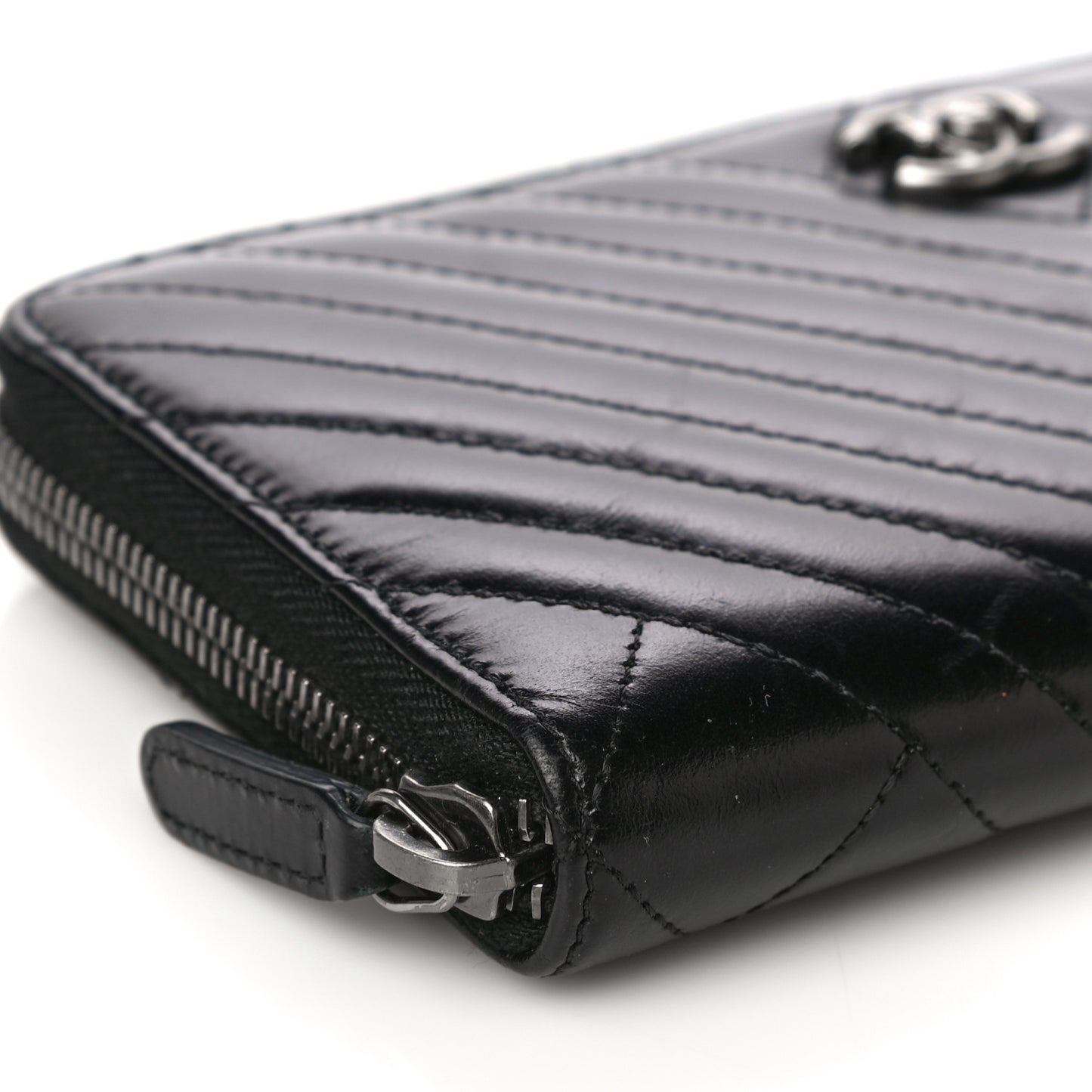 Glazed Calfskin Quilted Small Coco Boy Zip Around Wallet Black