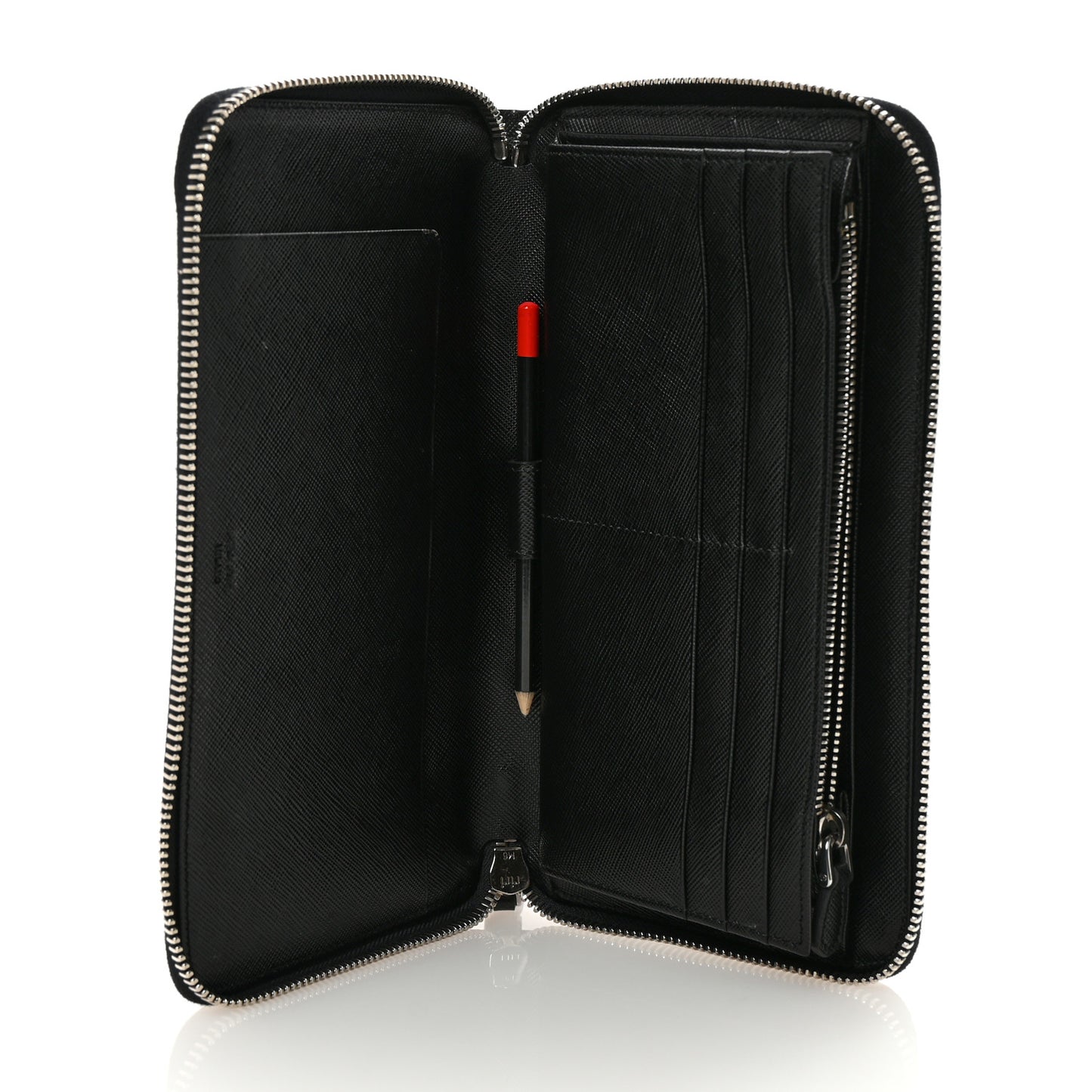 Saffiano Metal Large Zip Around Travel Wallet Black