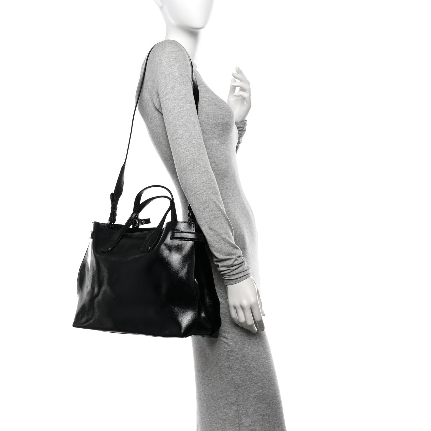 Shiny Soft Calfskin Medium Banner Tote Tote Black