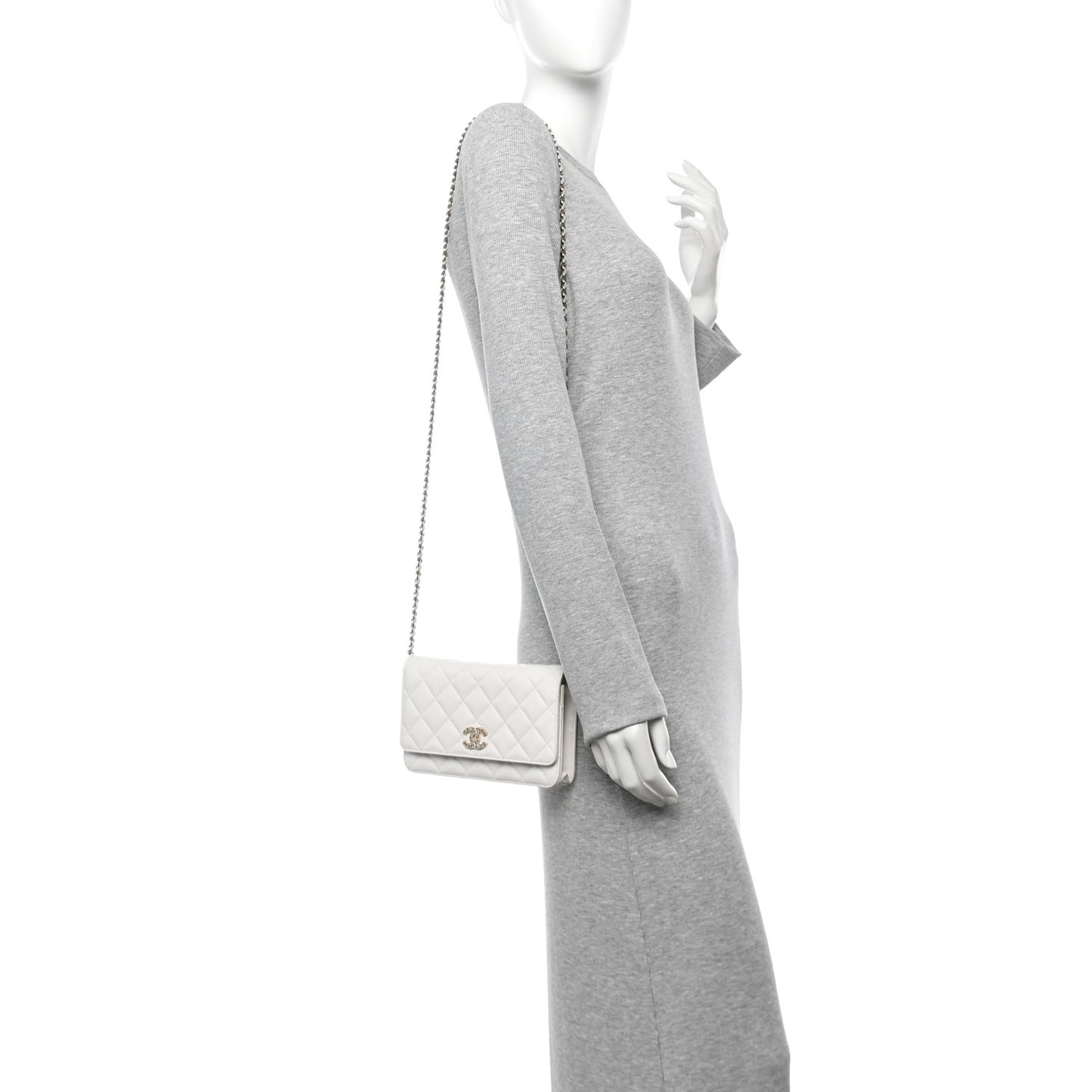 Caviar Quilted Crystal Heart CC Wallet On Chain WOC White