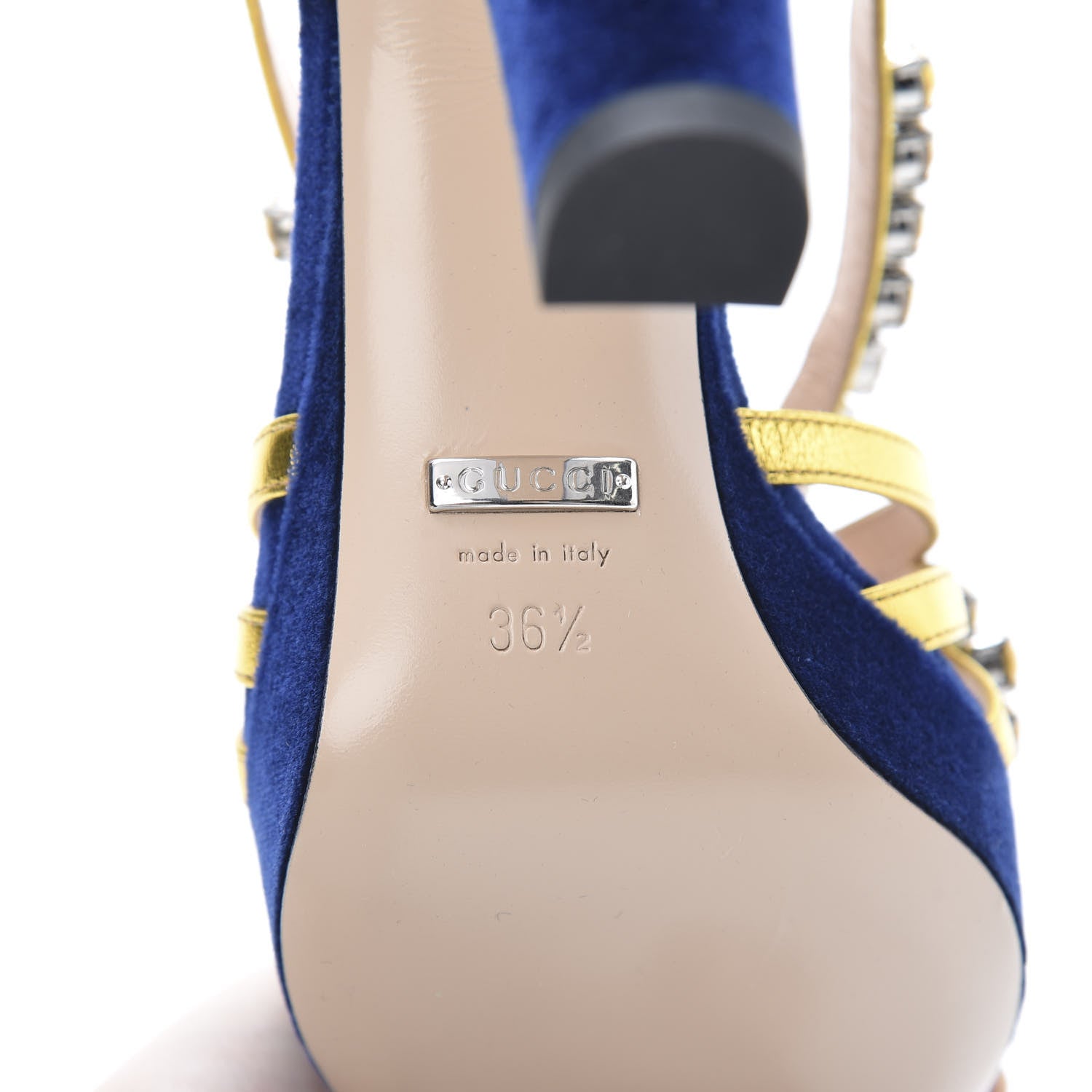 Gucci Velvet Nappa Crystal Zephyra Slingback Platform High Heel Sandals 36.5 Blue Gold 7 of 10
